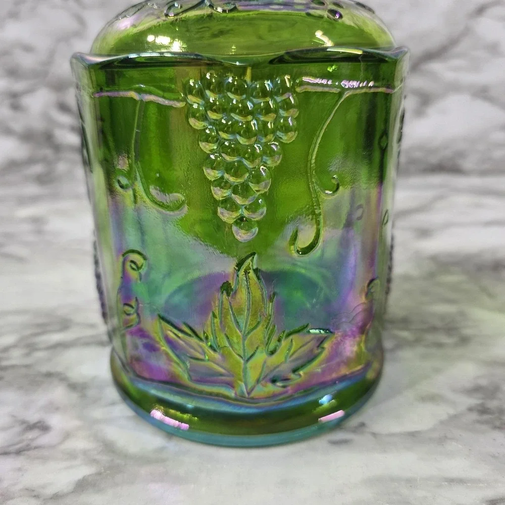 Indiana Glass Green Iridescent Carnival Glass Harvest Grape Canister w/Lid